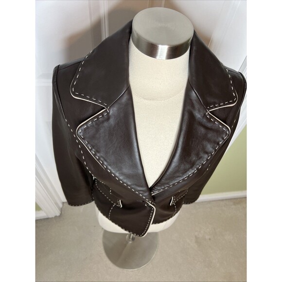 Wilsons Leather Blazer Jacket Brown Retro Piping Whipstitch Structured S Vintage - Picture 3 of 16